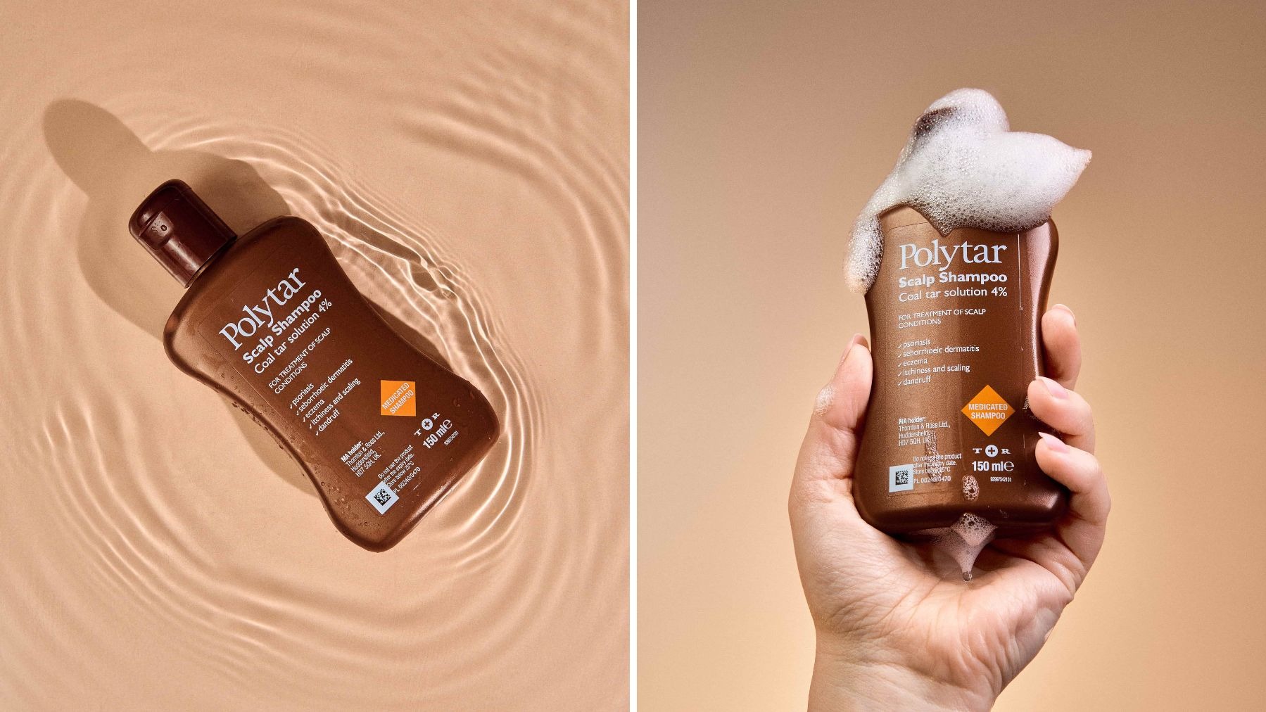 Two images of Polytar Scalp Shampoo next to each other on a beige background