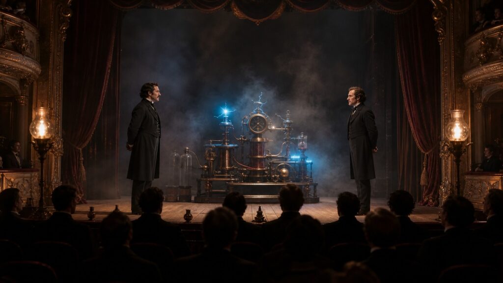 Deux illusionnistes rivaux sur une scène de théâtre victorien éclairée par des ampoules