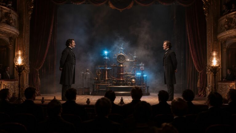 Deux illusionnistes rivaux sur une scène de théâtre victorien éclairée par des ampoules